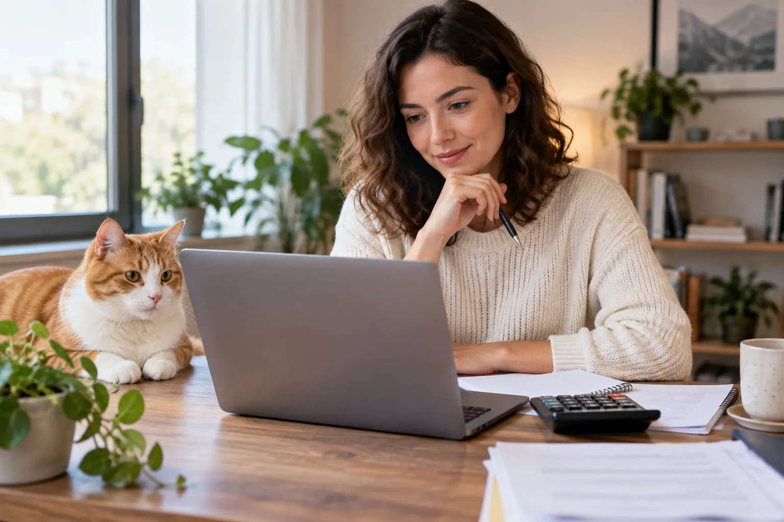 Owner using a laptop beside an orange-and-white cat